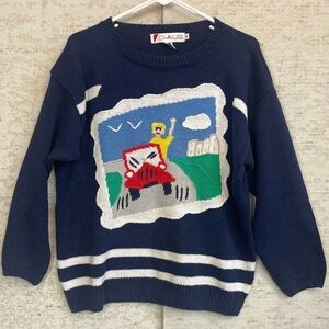 Vintage Chaus 80s Novelty Knit Sweater Sz S Graphic Girl in Jeep Oversized Boho
